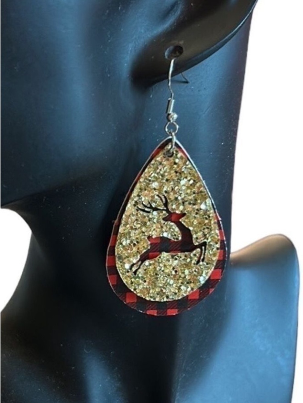 Christmas Plaid and Gold Sparkle Reindeer Dangle Pierced Earrings